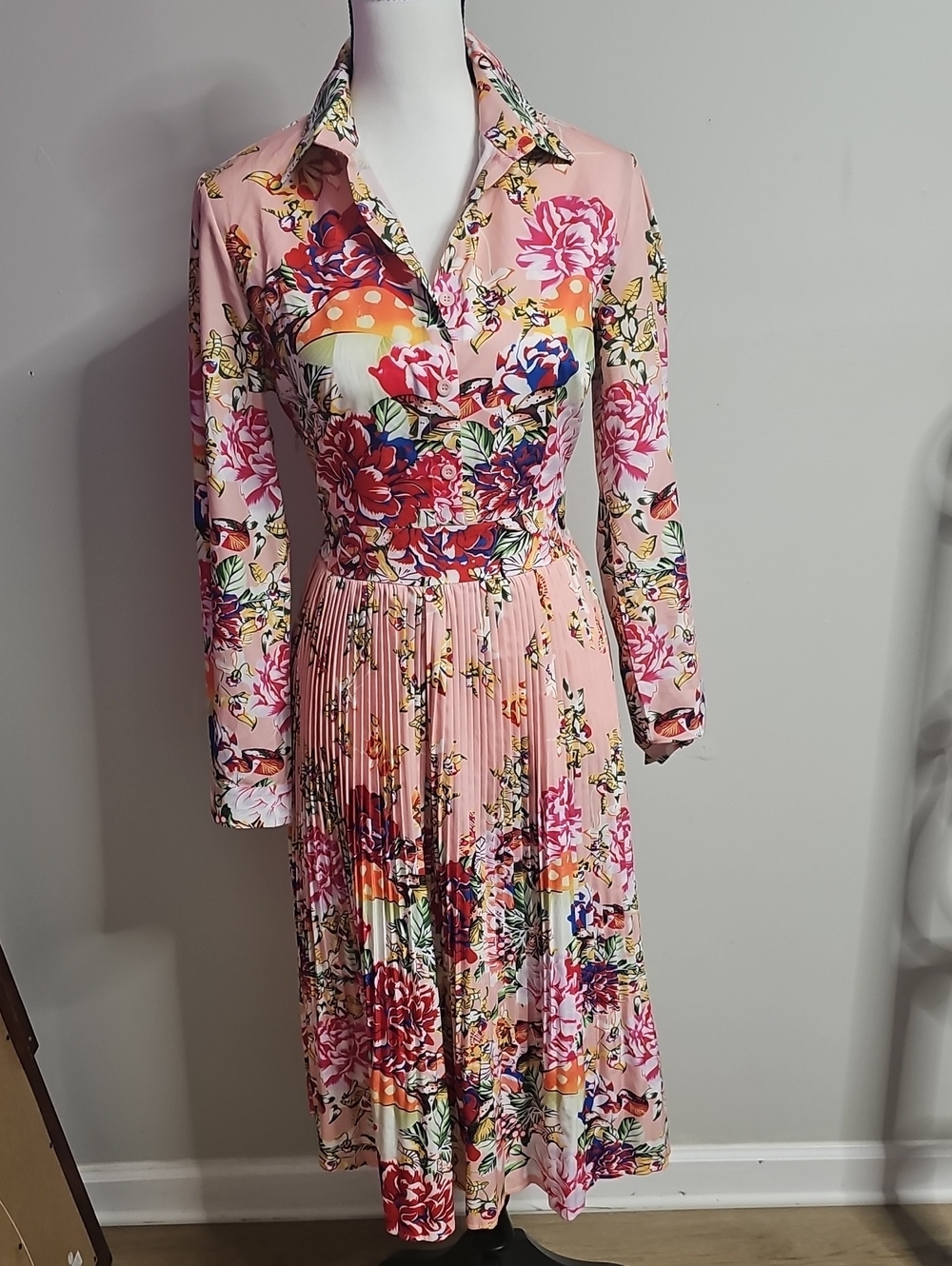 Floral Pink Pleated Shirt Dress